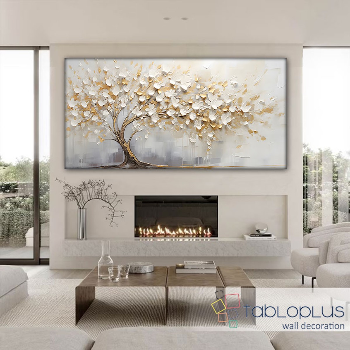 White Gold Tree 3d Heavy Textured Partial Oil Painting - Wall Art